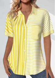 Modlily Light Yellow Pocket Striped Short Sleeve Shirt - M