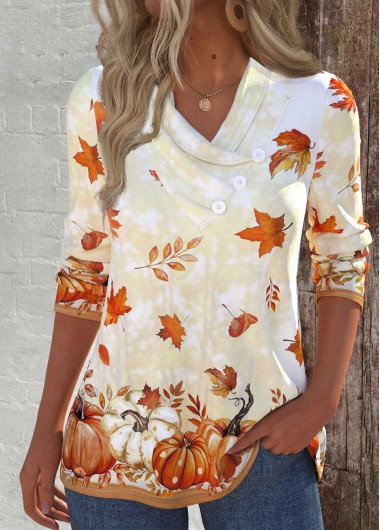 Modlily Light Yellow Pumpkin Print Long Sleeve T Shirt - S