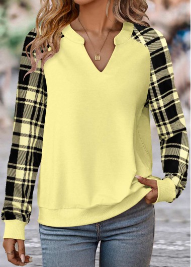 Modlily Light Yellow Split Plaid Long Sleeve Sweatshirt - S