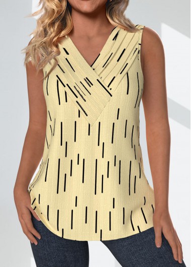 Modlily Light Yellow Surplice Geometric Print Sleeveless Tank Top - S