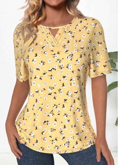 Modlily Light Yellow Tuck Stitch Ditsy Floral Print T Shirt - XL