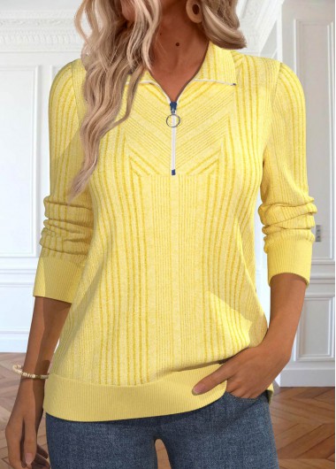 Modlily Light Yellow Zipper Long Sleeve Turn Down Collar Sweatshirt - M