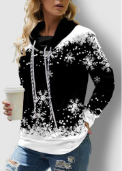 Modlily Long Sleeve Black Christmas Snowflake Print Sweatshirt - L