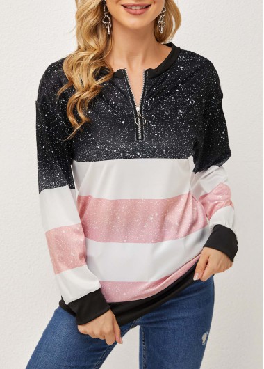 Modlily Long Sleeve Quarter Zip Contrast T Shirt - L