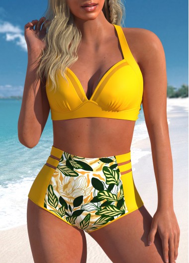 Modlily Mesh Leaf Print Yellow Bikini Set - S