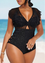 Modlily Mesh Patchwork Black One Piece Swimwear - S