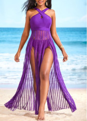 Modlily Mesh Purple Double Slit Beach Dress - S