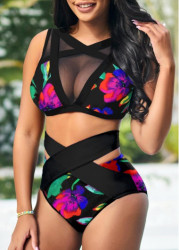 Modlily Mesh Stitching Floral Print High Waisted Bikini Set - XXL