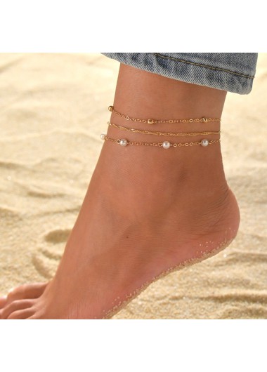 Modlily Metal Detail Geometric Pattern Golden Asymmetrical Anklet Set - One Size