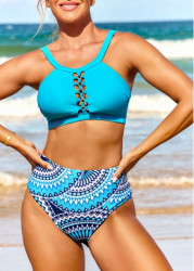 Modlily Metal Ring High Waisted Tribal Print Bikini Set - S