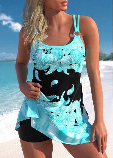 Modlily Metal Ring Paisley Print Cyan Swimdress Set - S