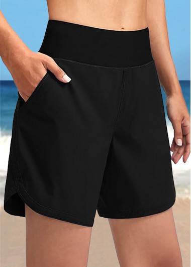 Modlily Mid Waisted Black Pocket Quick Drying Beach Shorts - S