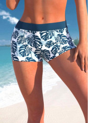 Modlily Mid Waisted Tropical Plants Print Peacock Blue Swim Shorts - XXL