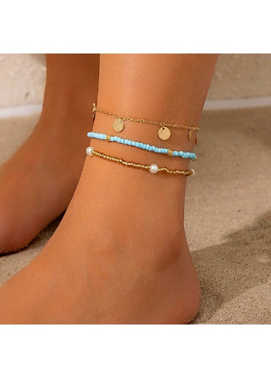 Modlily Mint Green Beaded Design Alloy Anklet Set - One Size