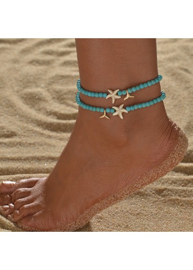 Modlily Mint Green Beaded Starfish Adjustable Anklets - One Size