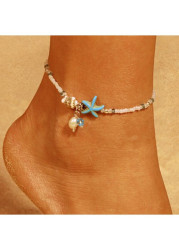 Modlily Mint Green Beaded Starfish Alloy Anklet - One Size