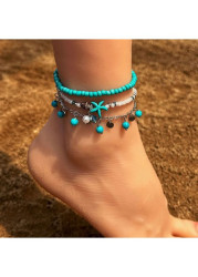 Modlily Mint Green Beaded Starfish Anklets Set - One Size