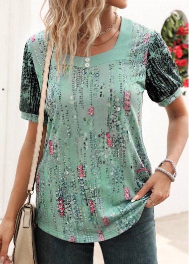 Modlily Mint Green Button Ditsy Floral Print T Shirt - S