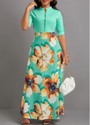 Modlily Mint Green Button Floral Print Maxi Dress - M