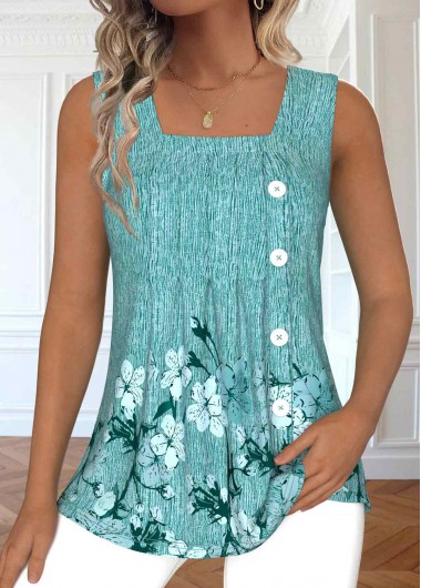 Modlily Mint Green Button Floral Print Sleeveless Tank Top - S