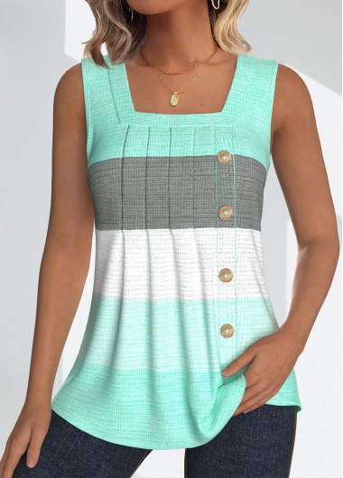 Modlily Mint Green Button Striped Sleeveless Square Neck Tank Top - S