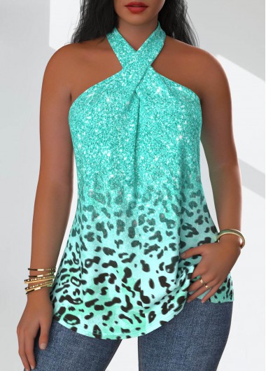 Modlily Mint Green Criss Cross Leopard Sleeveless Tank Top - S