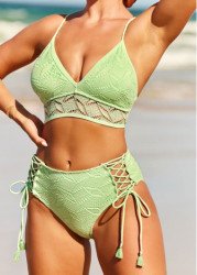 Modlily Mint Green Cross Strap Lace Panel Bikini Set - XL