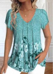 Modlily Mint Green Embroidery Floral Print Short Sleeve T Shirt - S