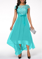 Modlily Mint Green Lace High Low Short Sleeve Dress - M