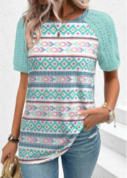 Modlily Mint Green Patchwork Geometric Print Short Sleeve T Shirt - S