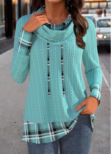 Modlily Mint Green Patchwork Plaid Long Sleeve Cowl Neck Sweatshirt - S