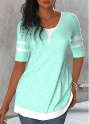 Modlily Mint Green Patchwork Round Neck T Shirt - S