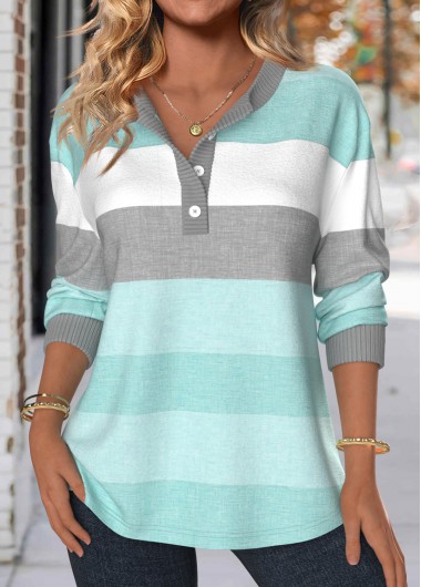 Modlily Mint Green Patchwork Striped Long Sleeve Split Neck Sweatshirt - S