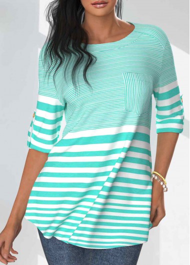 Modlily Mint Green Pocket Striped Half Sleeve T Shirt - S