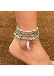 Modlily Mint Green Shell Beaded Anklets Set - One Size