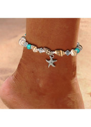 Modlily Mint Green Starfish Beaded Alloy Anklet - One Size