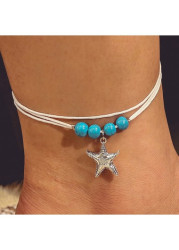 Modlily Mint Green Starfish Beaded Layered Anklet - One Size