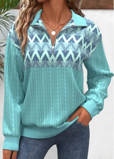 Modlily Mint Green Zipper Geometric Print Long Sleeve Sweatshirt - S