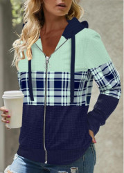 Modlily Mint Green Zipper Plaid Long Sleeve Hoodie - S