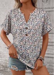 Modlily Multi Color Button Ditsy Floral Print T Shirt - S