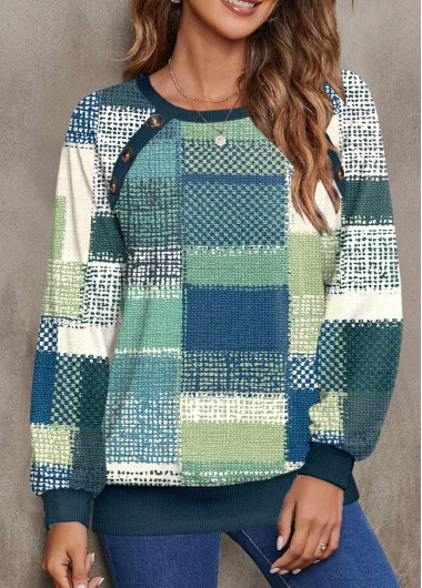 Modlily Multi Color Button Geometric Print Long Sleeve Sweatshirt - S