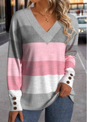 Modlily Multi Color Button Geometric Print Long Sleeve T Shirt - M