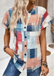 Modlily Multi Color Button Geometric Print Short Sleeve Shirt - 5XL