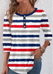 Modlily Multi Color Button Striped 3/4 Sleeve T Shirt - L