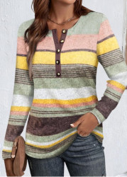 Modlily Multi Color Button Striped Long Sleeve T Shirt - M