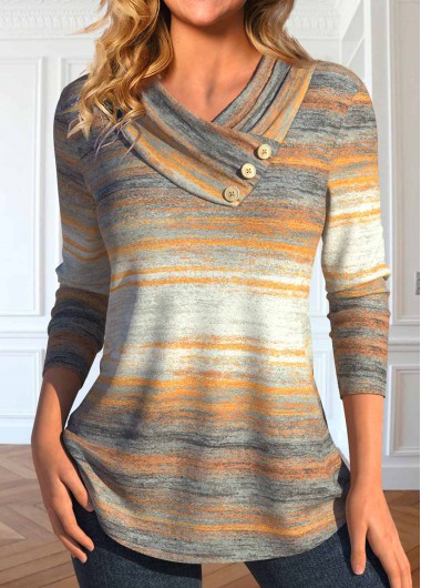 Modlily Multi Color Button Striped Long Sleeve T Shirt - S