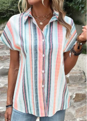 Modlily Multi Color Button Striped Short Sleeve Blouse - M