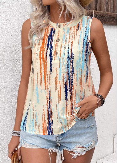 Modlily Multi Color Button Striped Sleeveless Round Neck Tank Top - M