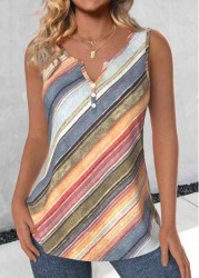 Modlily Multi Color Button Striped Sleeveless Split Neck Tank Top - S