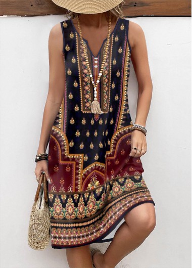 Modlily Multi Color Button Tribal Print A Line Sleeveless Dress - S